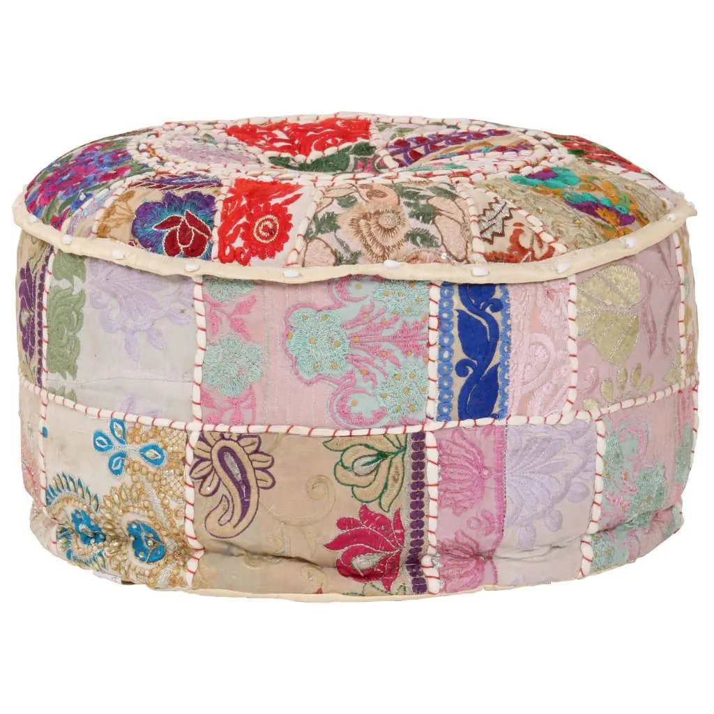 Patchwork Pouffe Round Footrest Ottoman Handmade Cotton 40x20 cm Beige