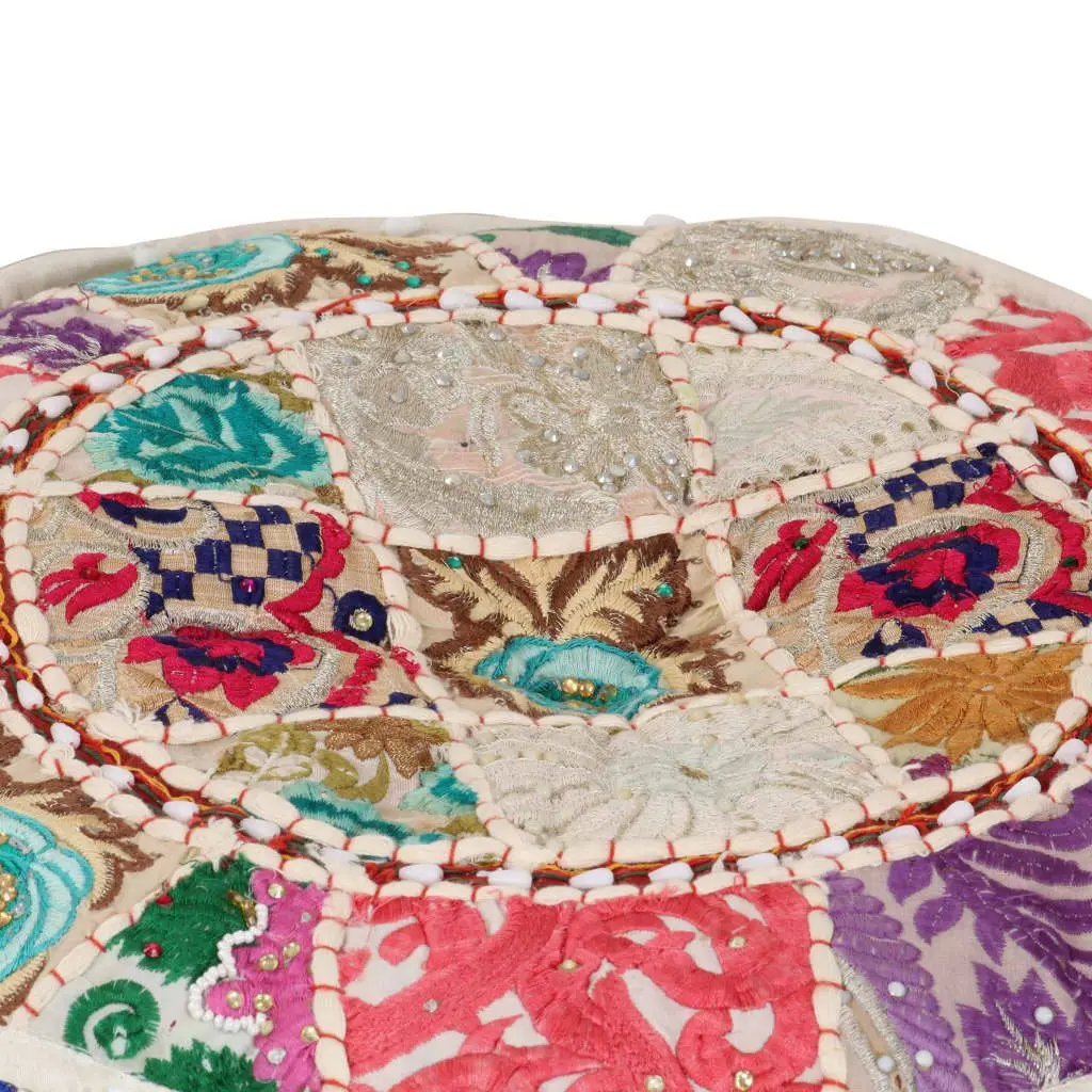 Patchwork Pouffe Round Footrest Ottoman Handmade Cotton 40x20 cm Beige