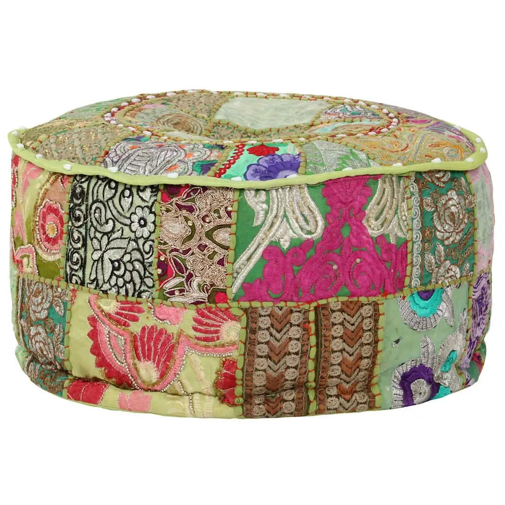 Patchwork Round Pouffe Ottoman Footrest Handmade Cotton Green 40x20cm