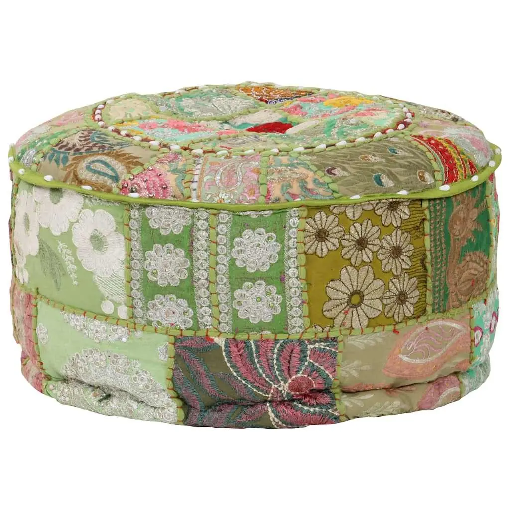 Patchwork Round Pouffe Ottoman Footrest Handmade Cotton Green 40x20cm