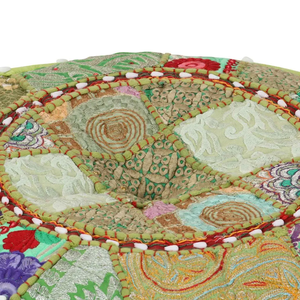 Patchwork Round Pouffe Ottoman Footrest Handmade Cotton Green 40x20cm
