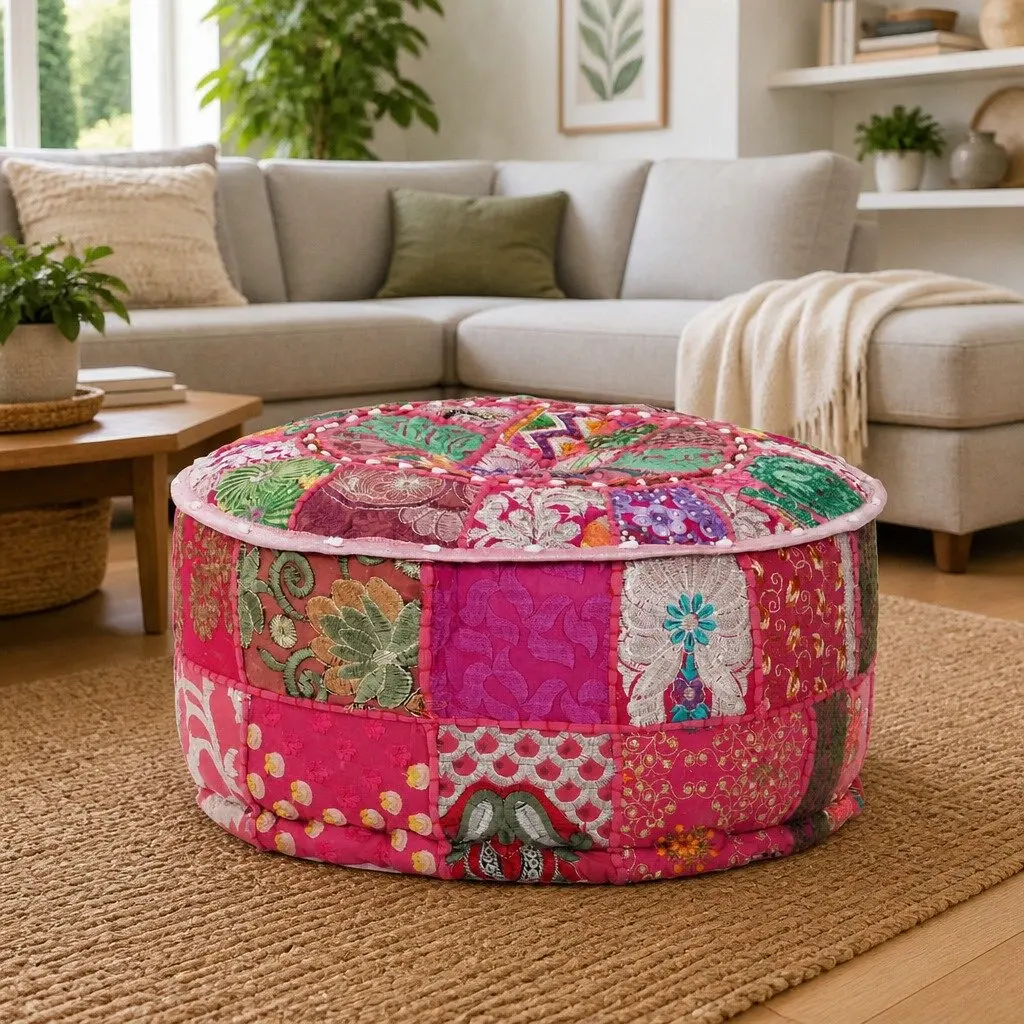 Round Cotton Patchwork Pouffe Footrest Handmade Pink 40x20 cm Boho Decor
