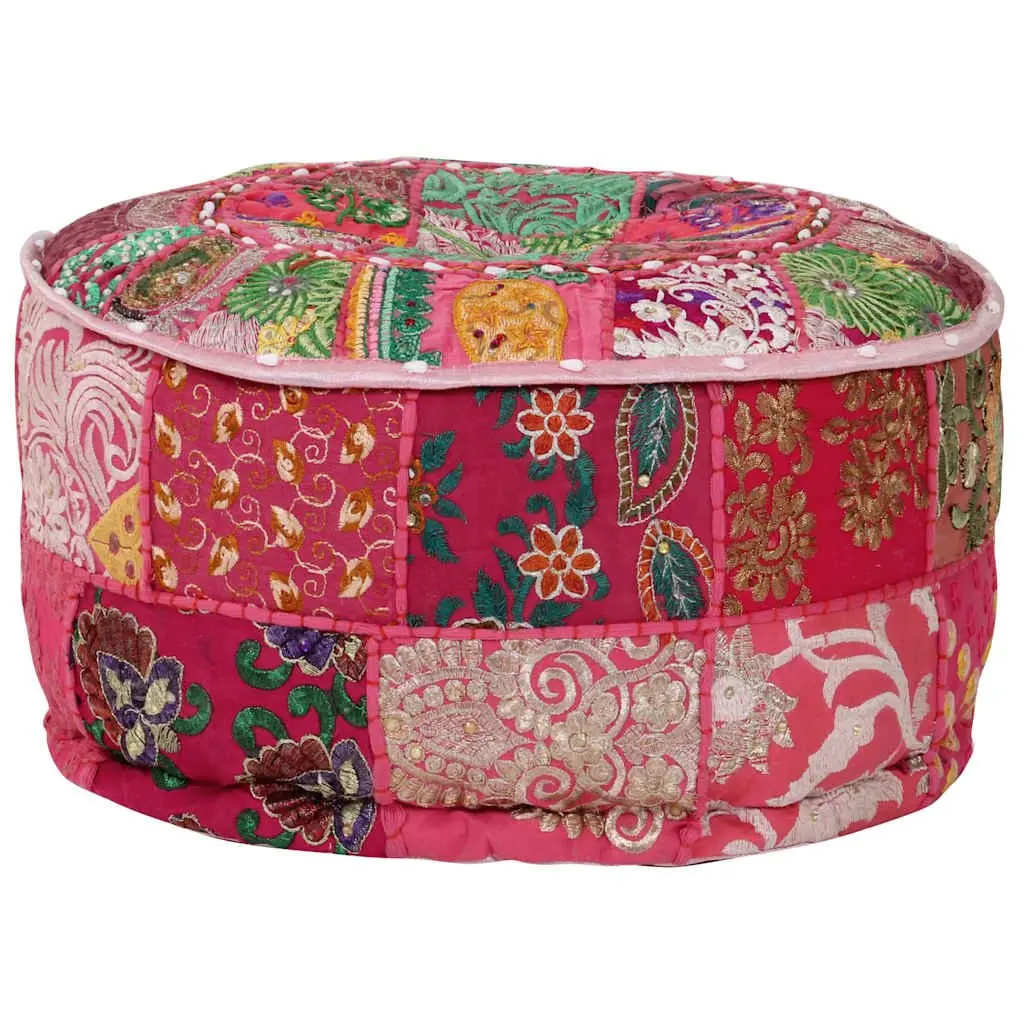 Round Cotton Patchwork Pouffe Footrest Handmade Pink 40x20 cm Boho Decor