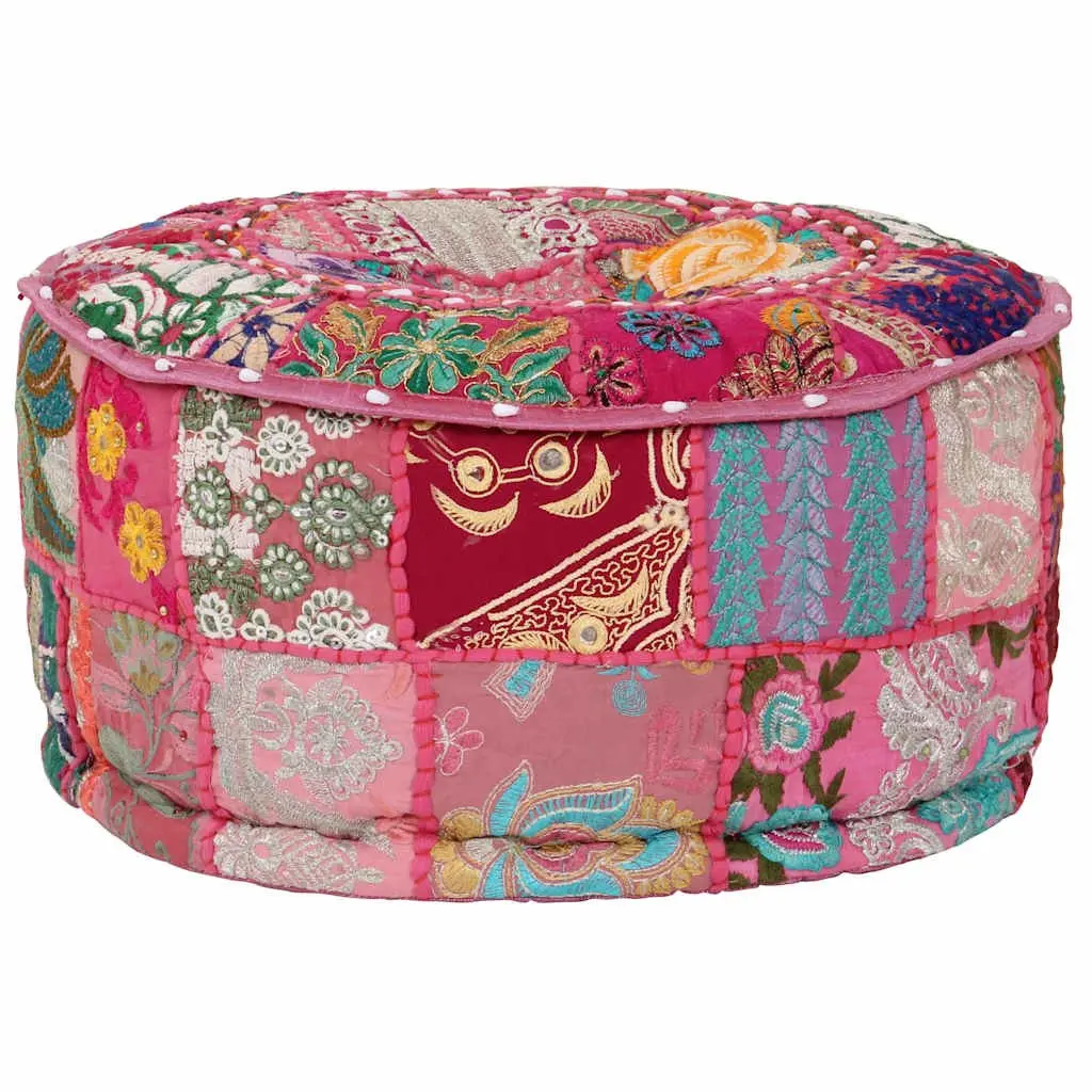 Round Cotton Patchwork Pouffe Footrest Handmade Pink 40x20 cm Boho Decor