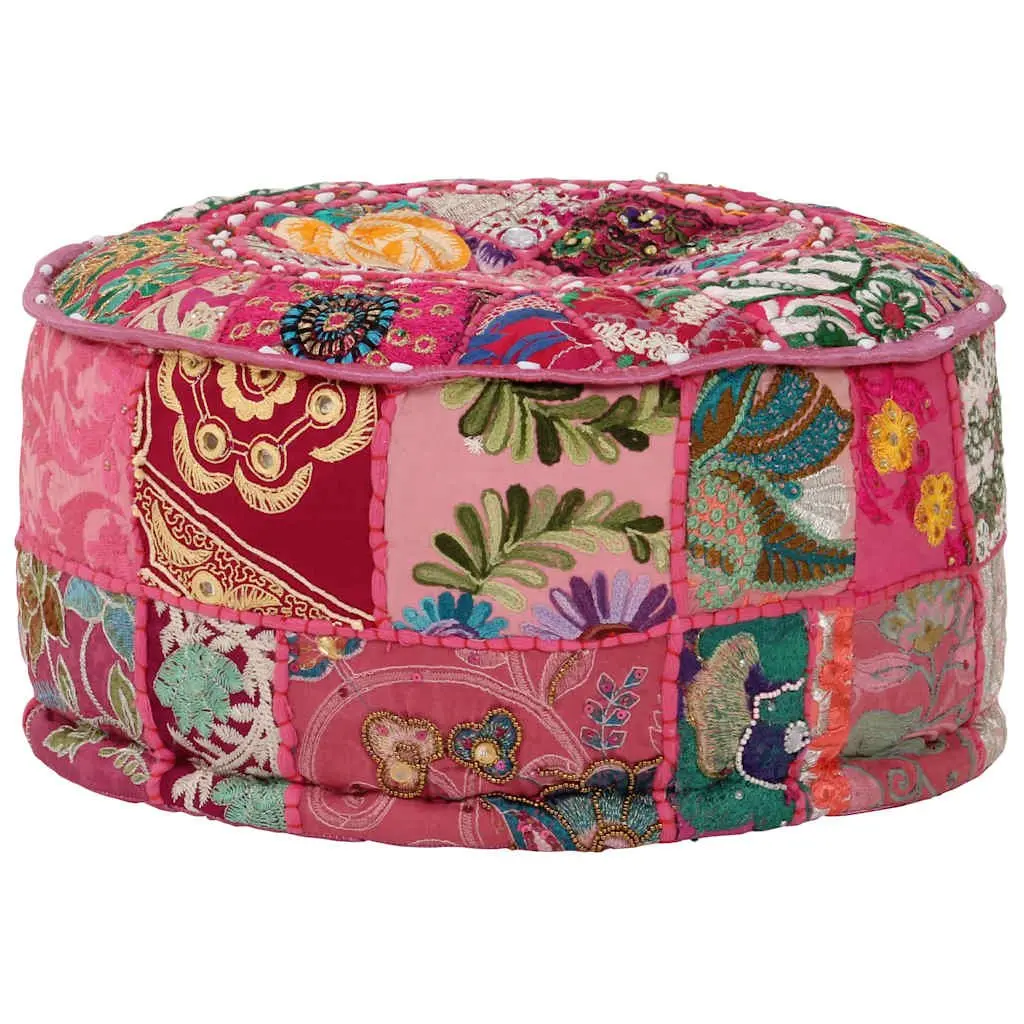 Round Cotton Patchwork Pouffe Footrest Handmade Pink 40x20 cm Boho Decor