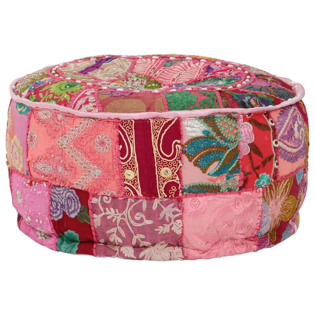 Round Cotton Patchwork Pouffe Footrest Handmade Pink 40x20 cm Boho Decor