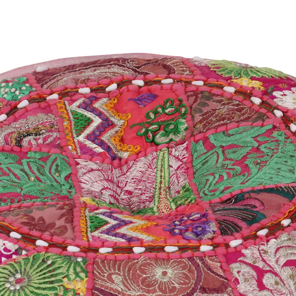 Round Cotton Patchwork Pouffe Footrest Handmade Pink 40x20 cm Boho Decor