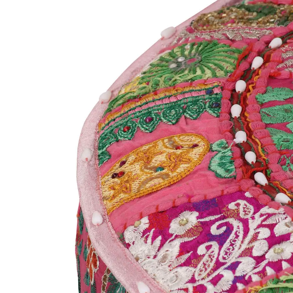 Round Cotton Patchwork Pouffe Footrest Handmade Pink 40x20 cm Boho Decor