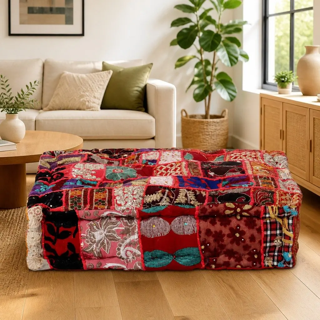 Patchwork Pouffe Handmade Cotton 50x50x12cm Multicolour