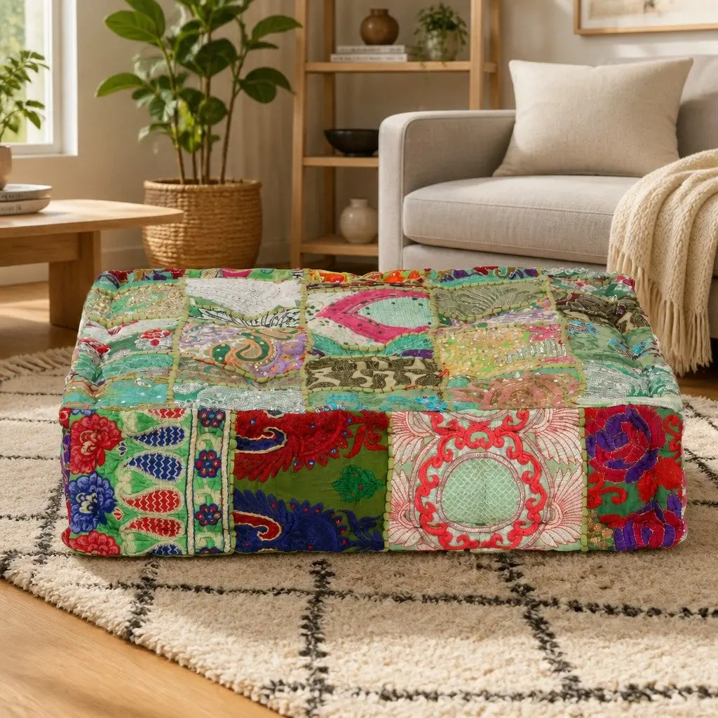 Square Foot Rest Pouffe Handmade Ottoman Multicolour Patchwork Cushion 50x50x12cm