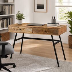 Solid Mango Wood Writing Desk with 2 Drawers Industrial Steel Legs Office