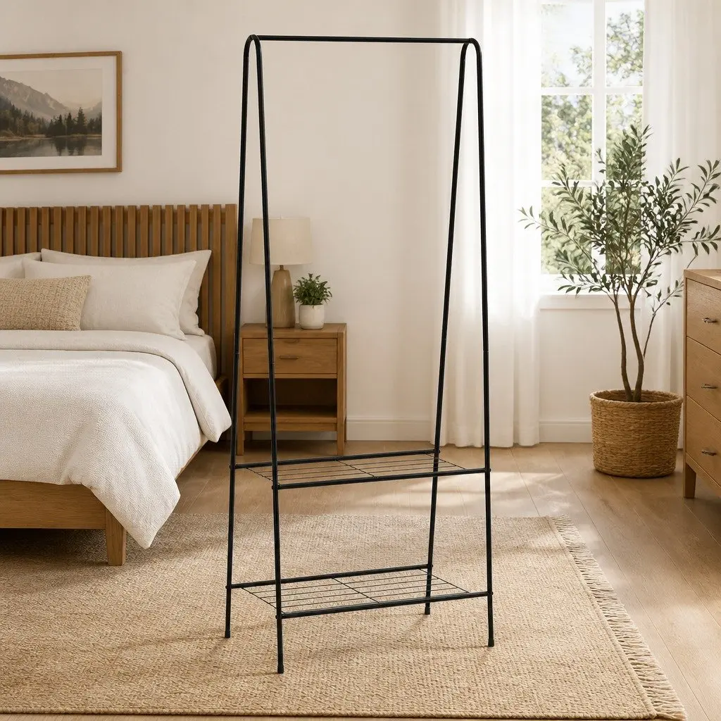 Black Clothes Rack Garment Stand Storage with 2 Shelves Bedroom Wardrobe
