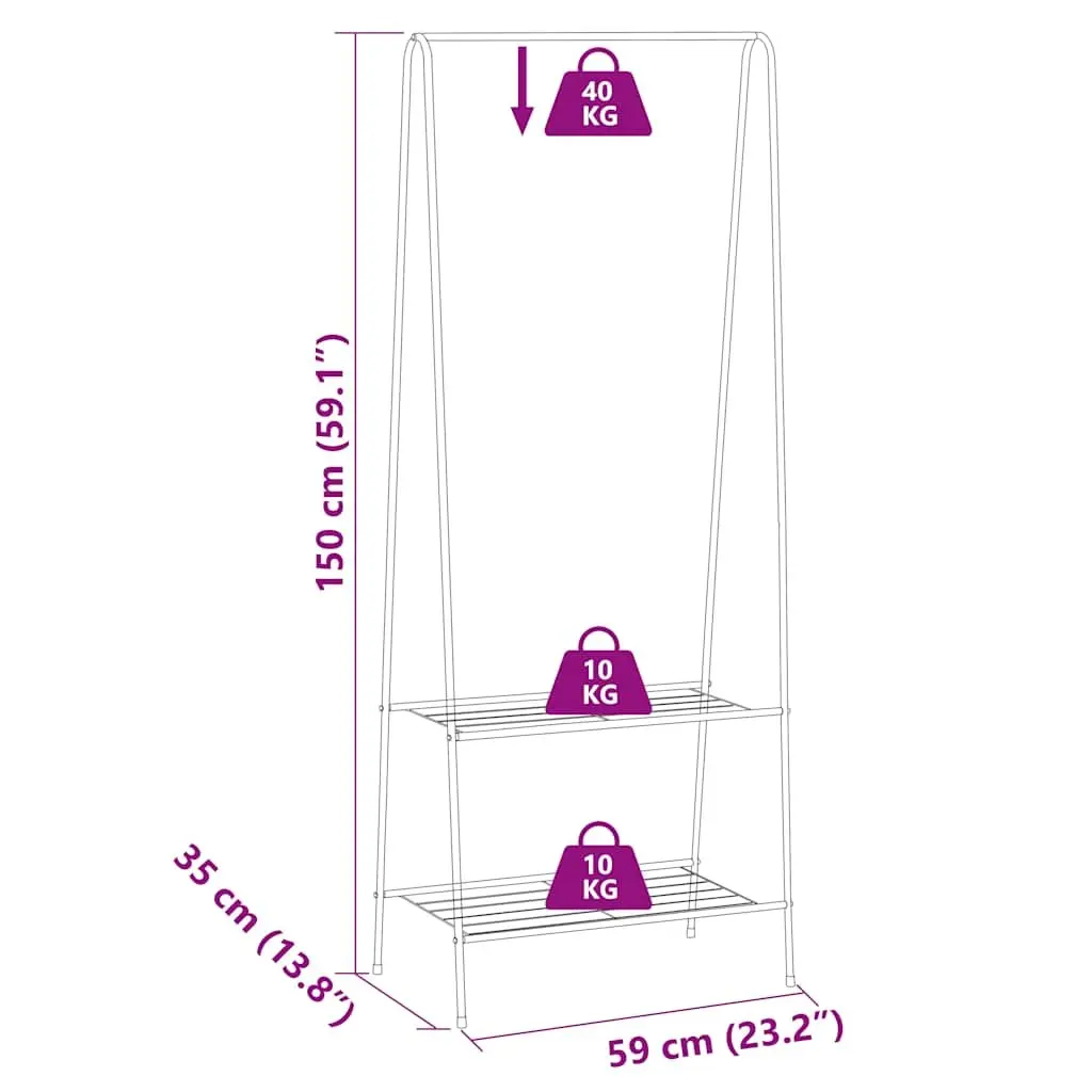 Black Clothes Rack Garment Stand Storage with 2 Shelves Bedroom Wardrobe