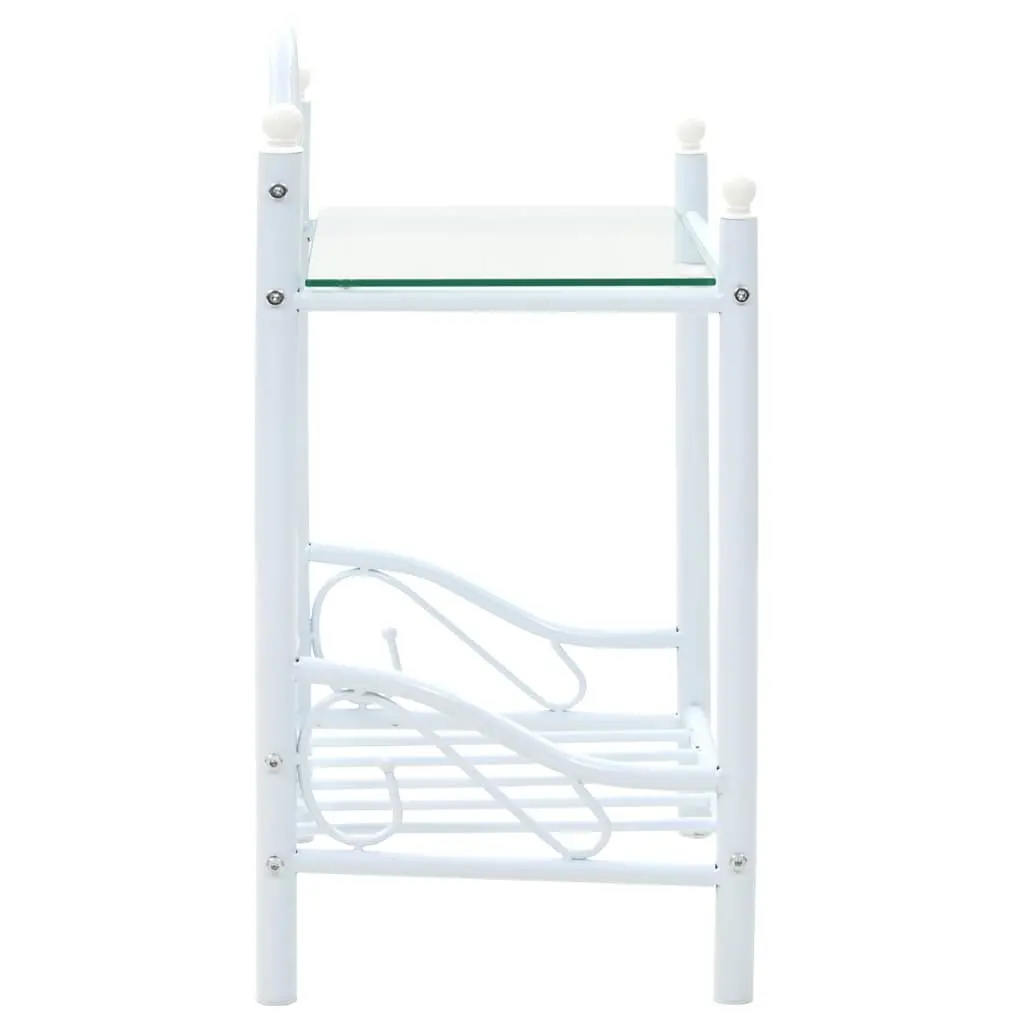 Bedside Table White Steel Frame Tempered Glass 2 Shelves Nightstand Furniture