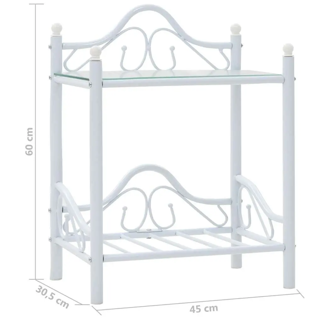 Bedside Table White Steel Frame Tempered Glass 2 Shelves Nightstand Furniture