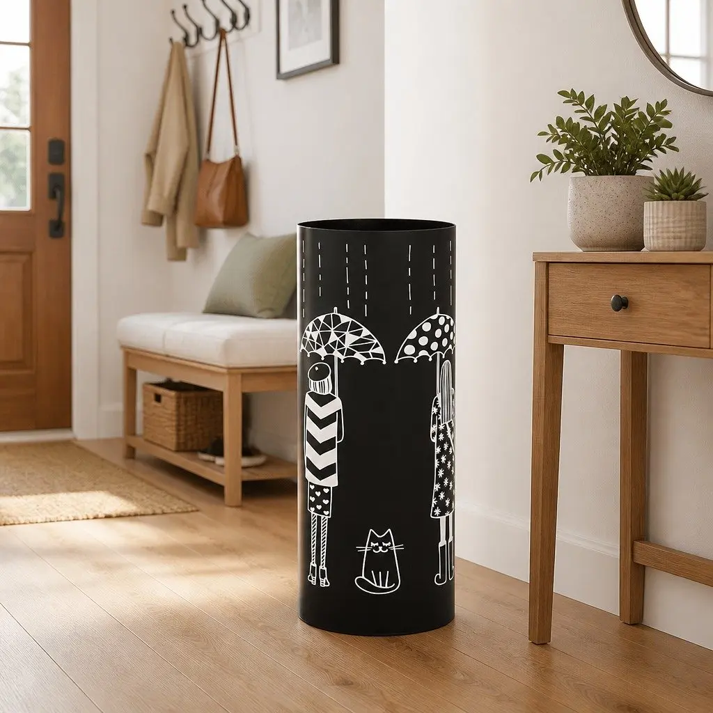Umbrella Stand Steel Black Modern Holder Walking Sticks Trekking Poles Drip Tray