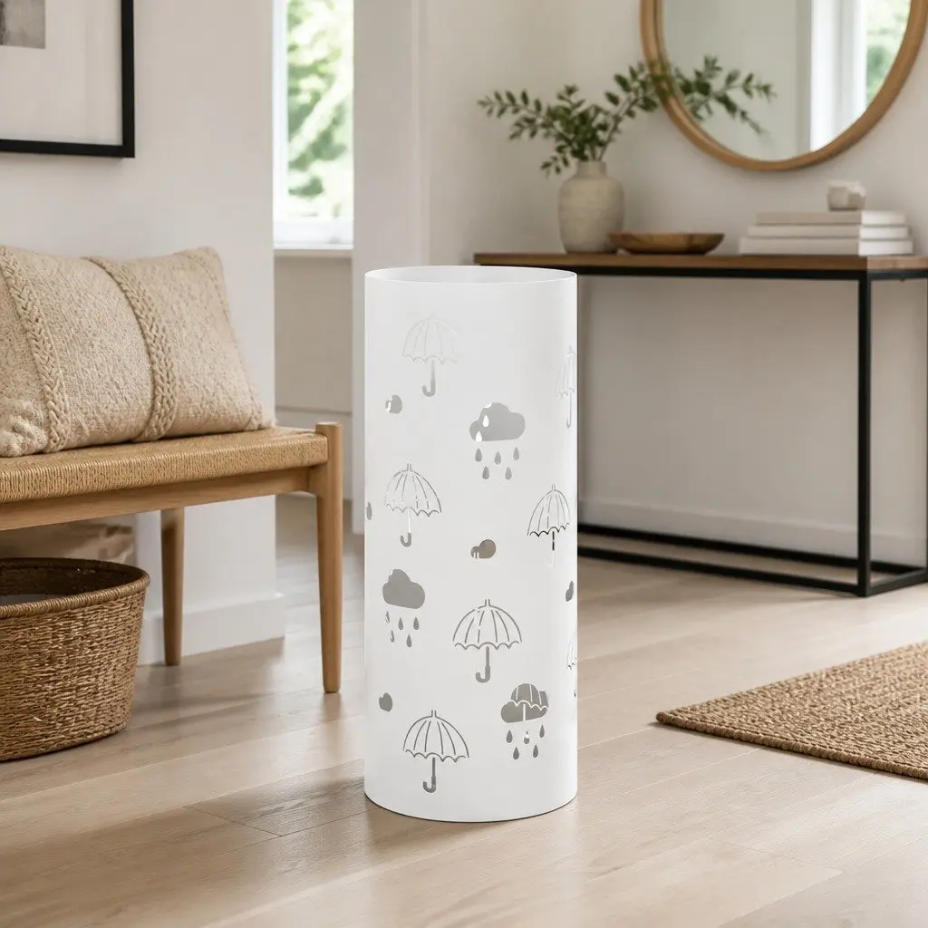 Steel Umbrella Stand Modern White for Entryway Storage with Removable Drip Tray