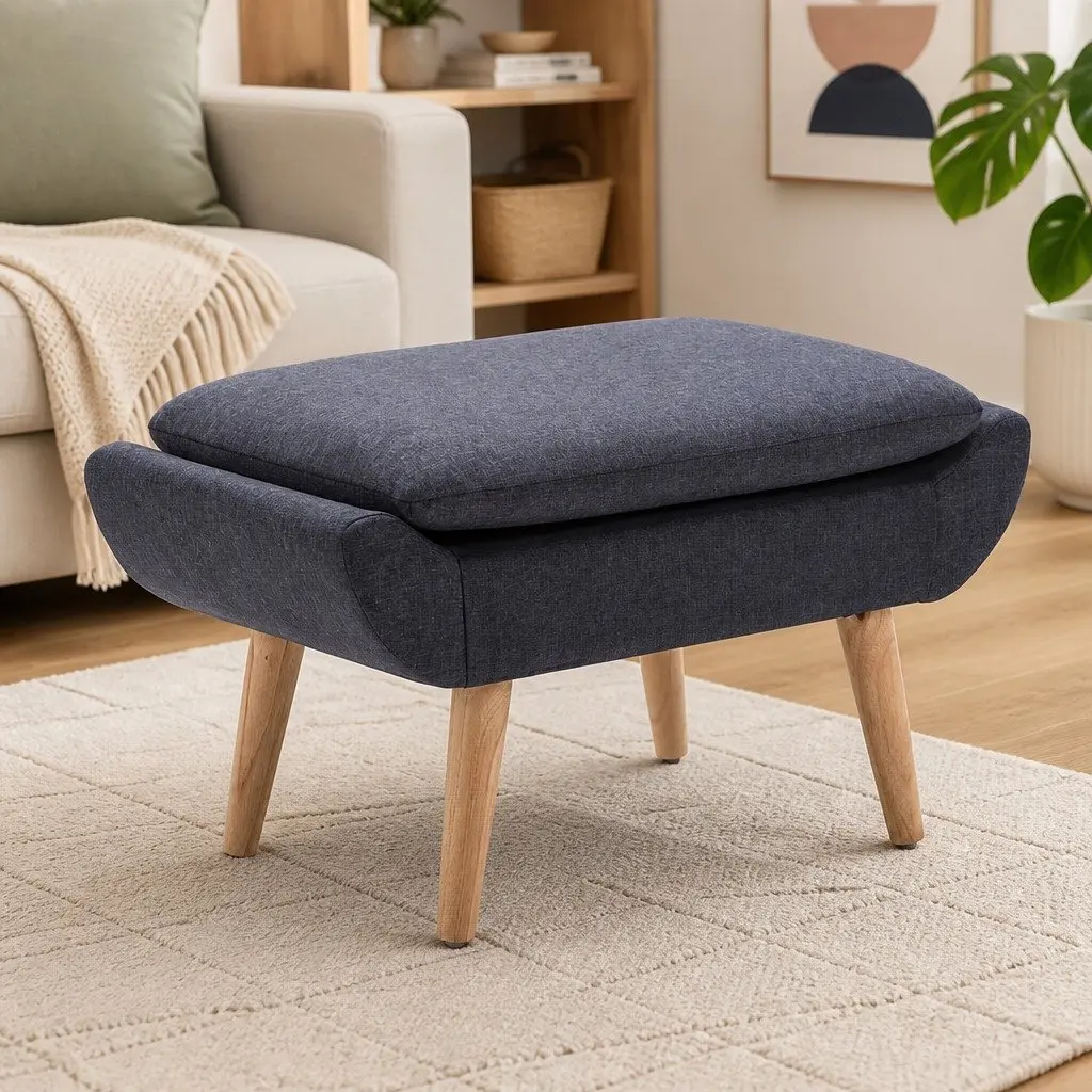 Upholstered Footstool Ottoman Grey Fabric Padded Seat Living Room 73 x 43 x 42 cm
