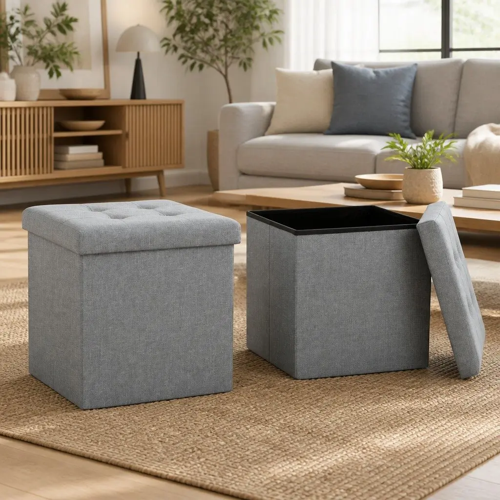 Grey Faux Linen Folding Stools for Home Use