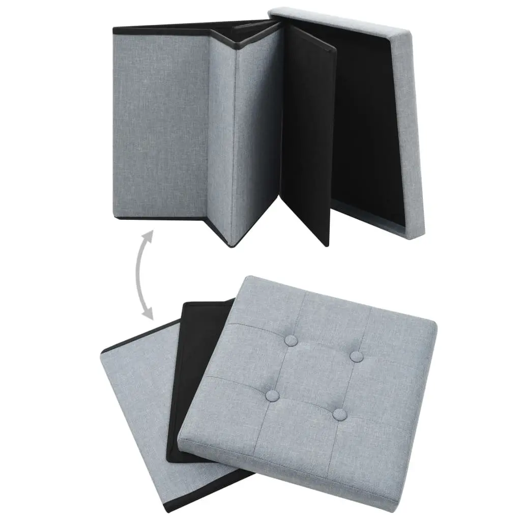 Folding Storage Stools Faux Linen Upholstered Seat Grey 2 Piece