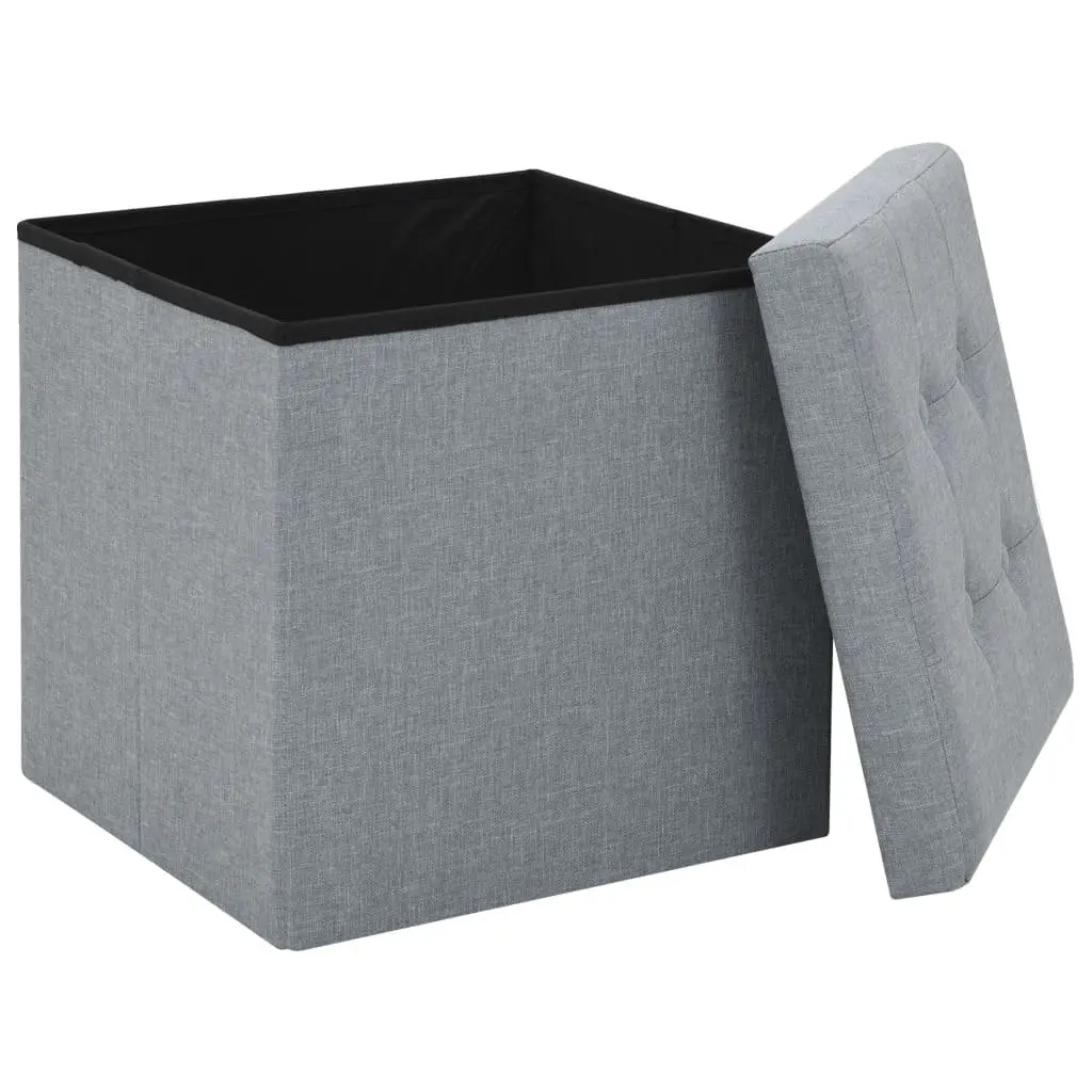 Folding Storage Stools Faux Linen Upholstered Seat Grey 2 Piece