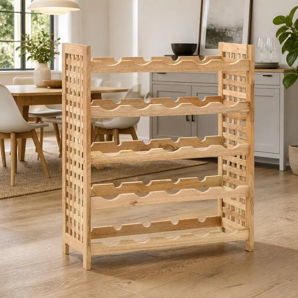 Wine Rack Solid Walnut Wood 5-Tier Storage Cabinet Beige