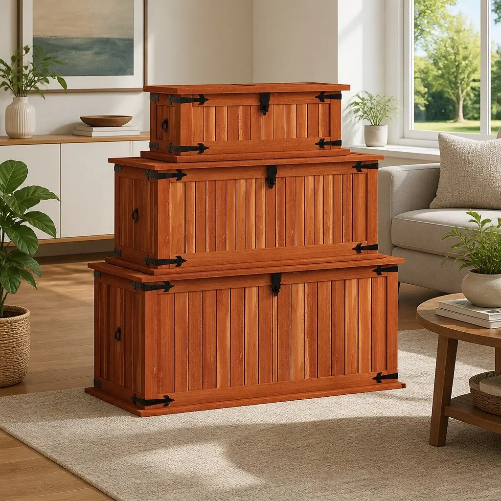 3 Piece Solid Acacia Wood Brown Storage Chests Handmade Wooden Box with Front Latch and Side Handles