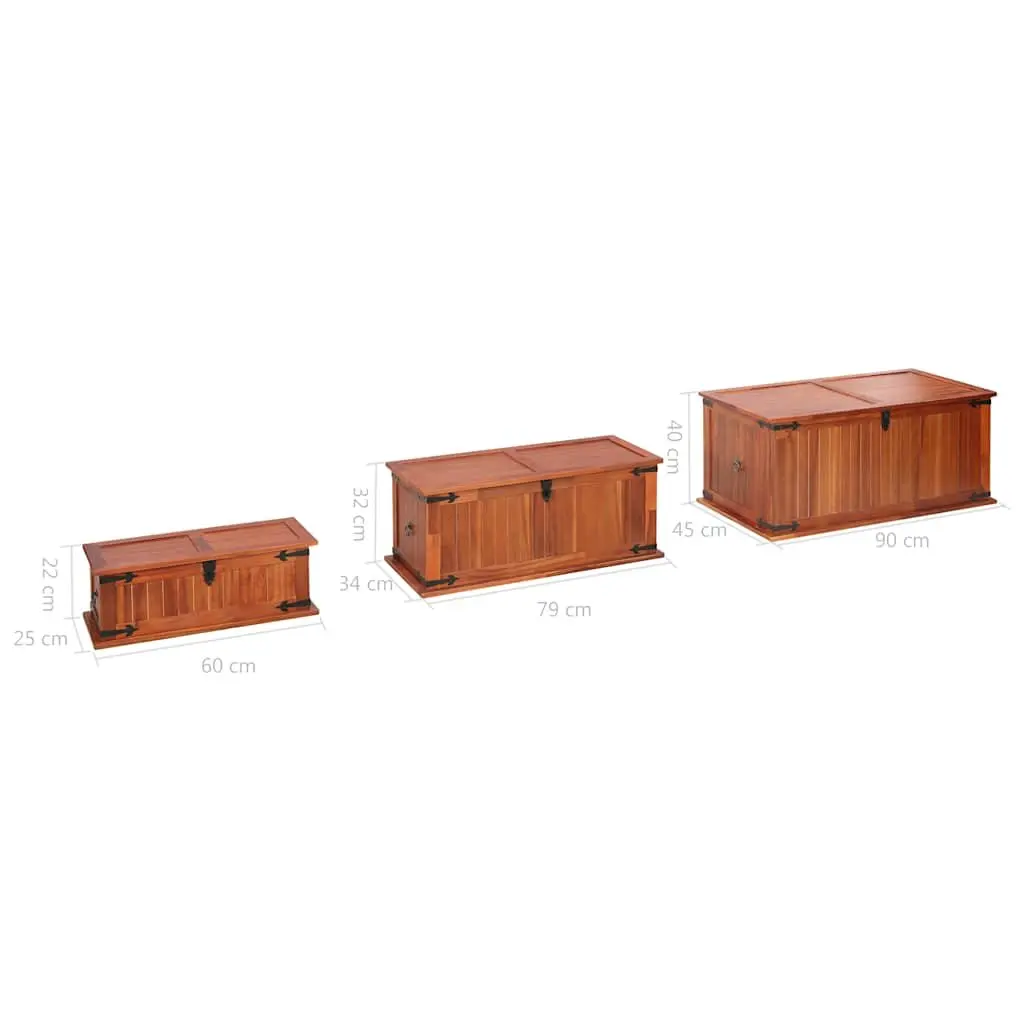 3 Piece Solid Acacia Wood Brown Storage Chests Handmade Wooden Box with Front Latch and Side Handles