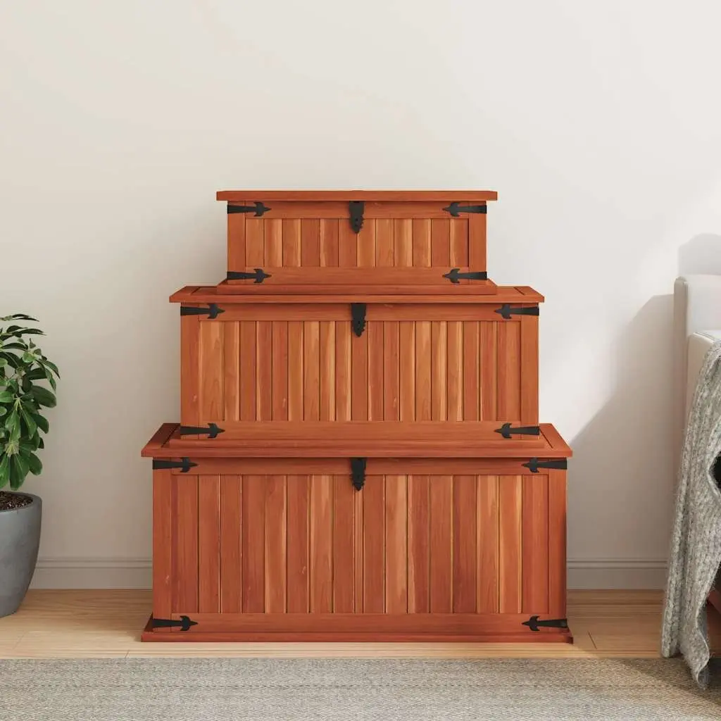 3 Piece Solid Acacia Wood Brown Storage Chests Handmade Wooden Box with Front Latch and Side Handles