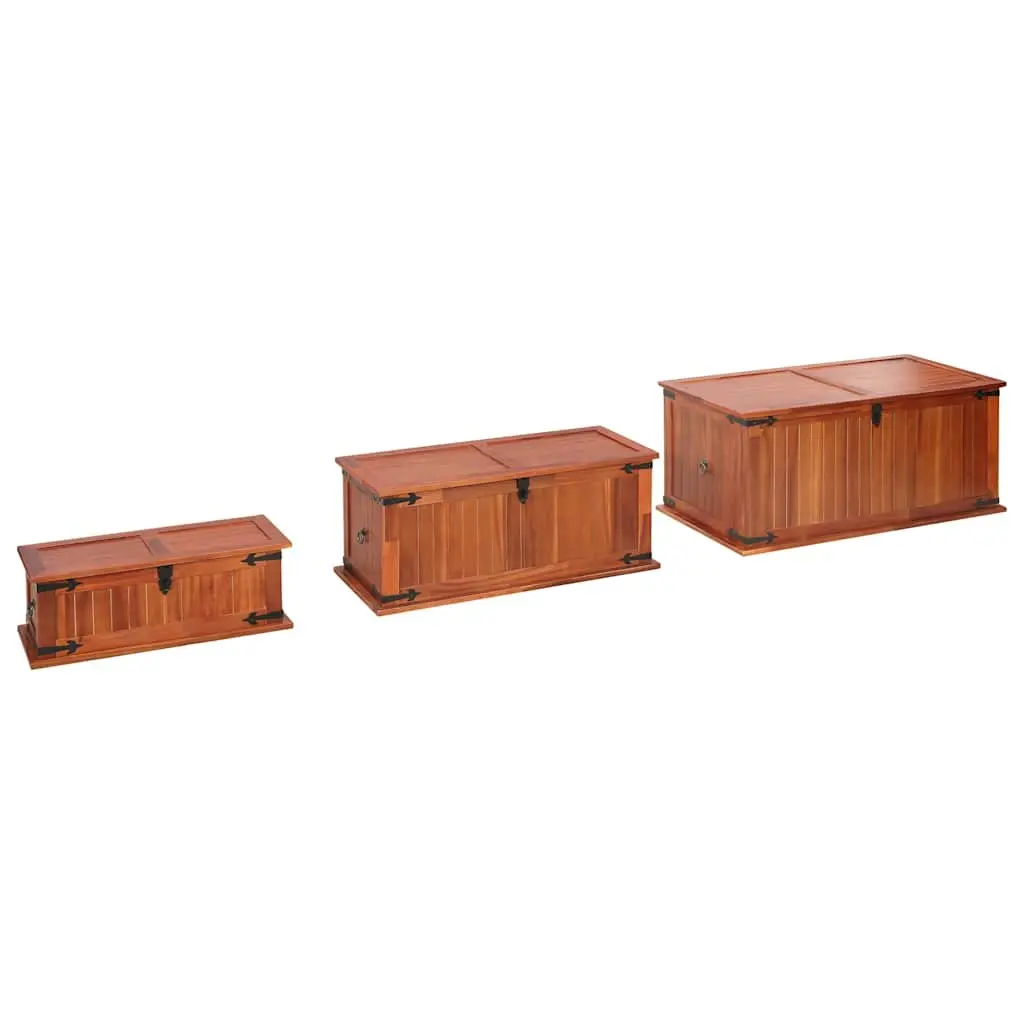 3 Piece Solid Acacia Wood Brown Storage Chests Handmade Wooden Box with Front Latch and Side Handles