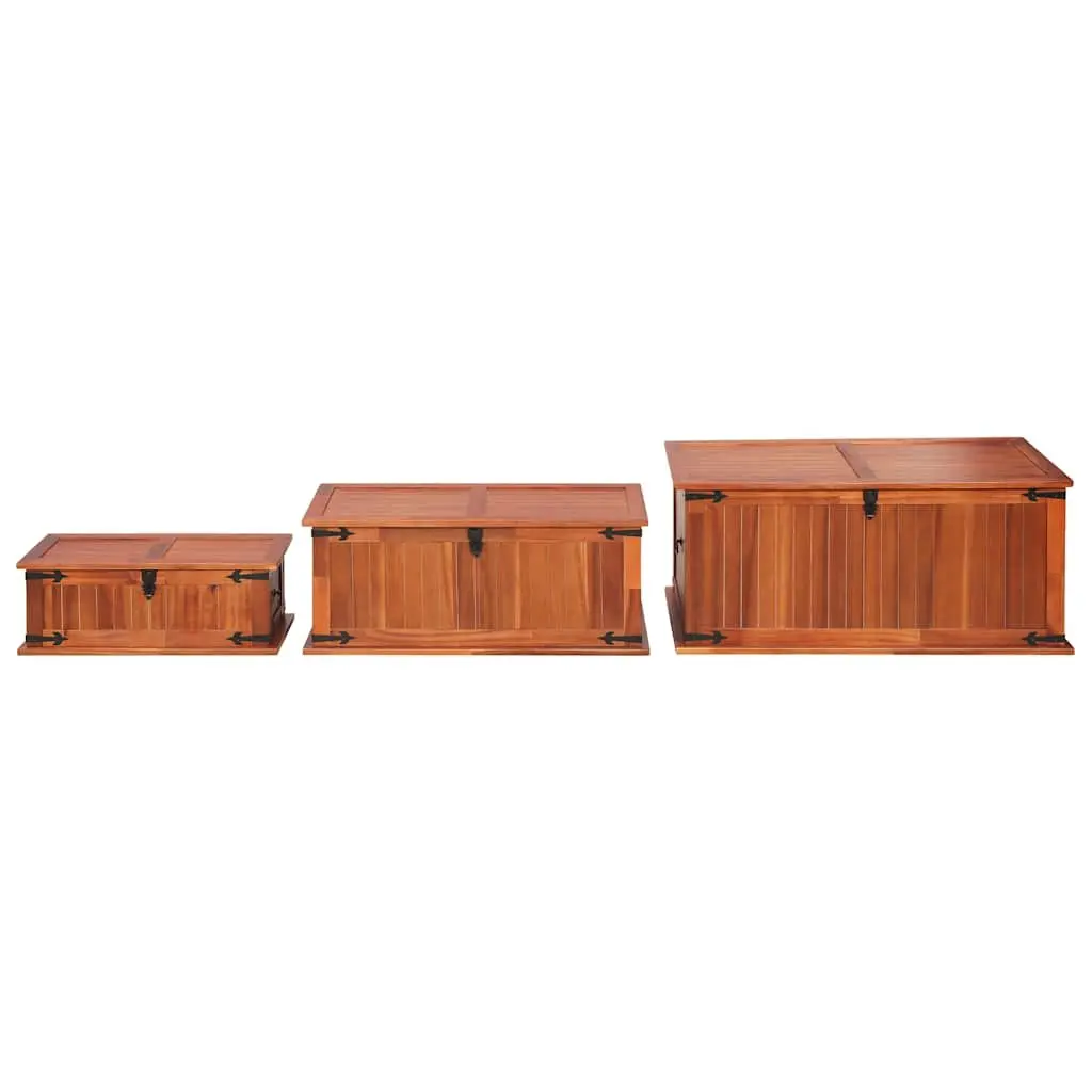 3 Piece Solid Acacia Wood Brown Storage Chests Handmade Wooden Box with Front Latch and Side Handles