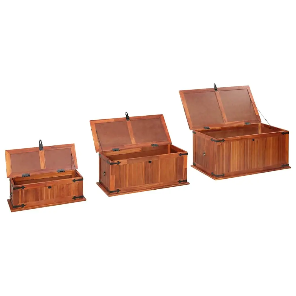 3 Piece Solid Acacia Wood Brown Storage Chests Handmade Wooden Box with Front Latch and Side Handles