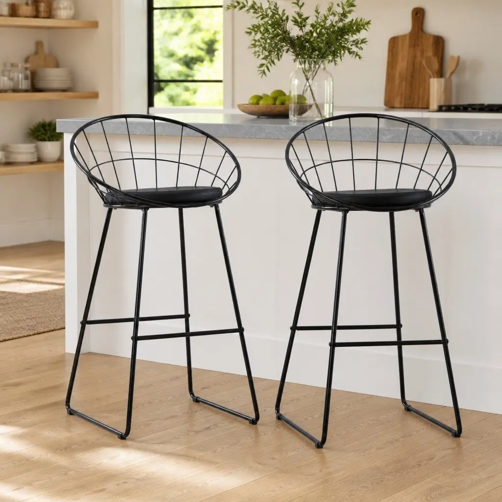 Bar Stools Set 2 Pieces Powder-Coated Steel Black Faux Leather