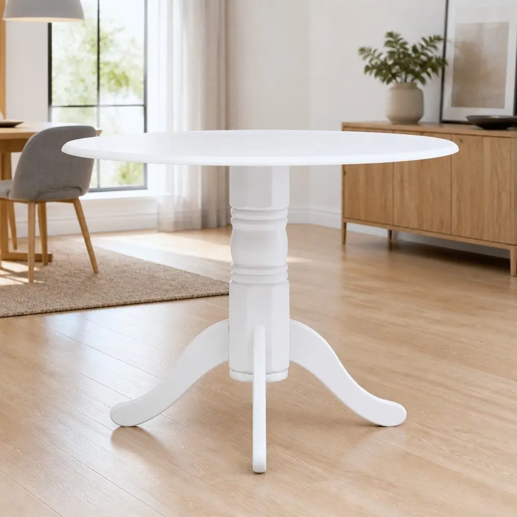 Dining Table Kitchen Furniture 106cm White Solid Rubber Wood MDF Top