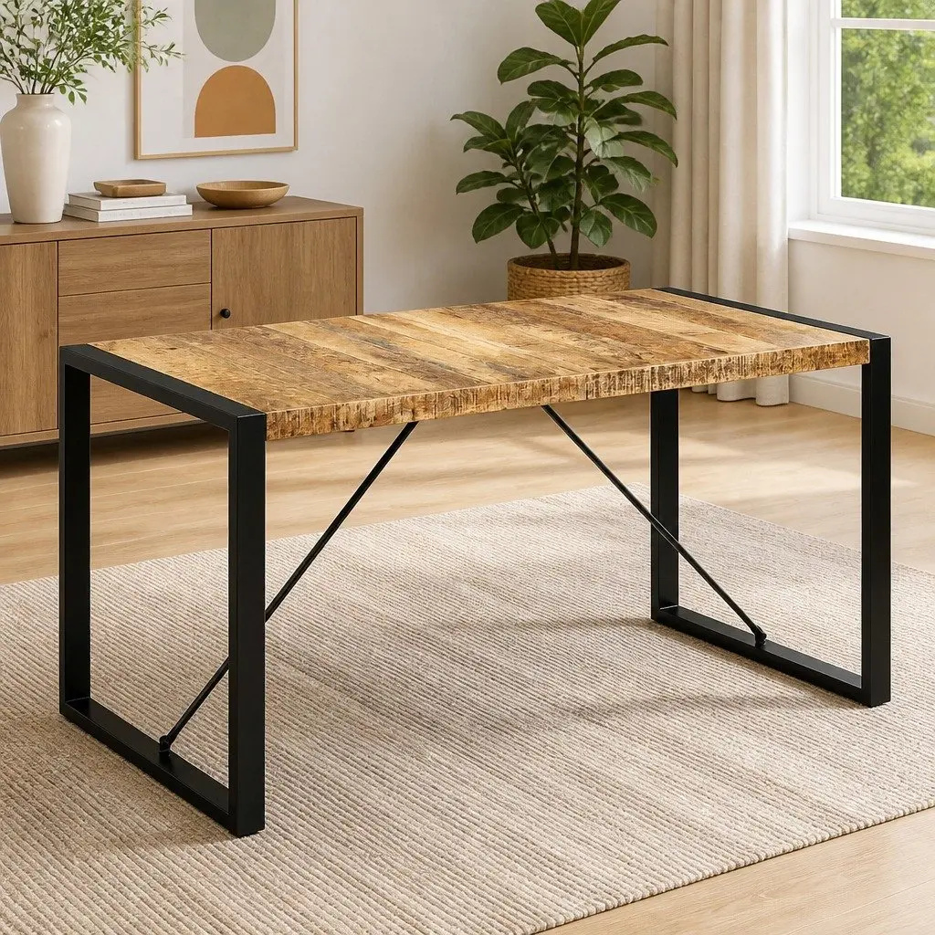Dining Table Solid Mango Wood Brown 140x70x75cm Industrial Style Kitchen Furniture