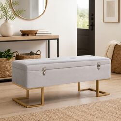 Practical Grey Velvet Storage Bench for Home Use