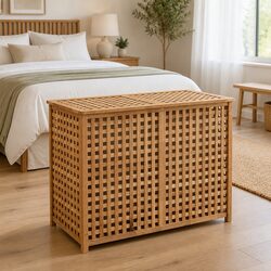 Wooden Laundry Bin with Two Compartments Brown Storage Basket Bedroom Bathroom