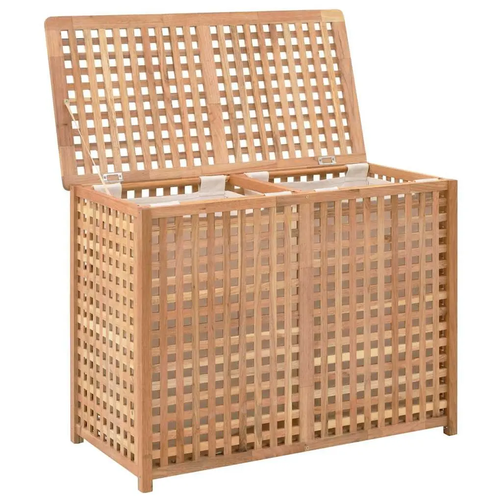 Wooden Laundry Bin Solid Walnut Wood Two Compartments Brown 87.5 x 46 x 67 cm
