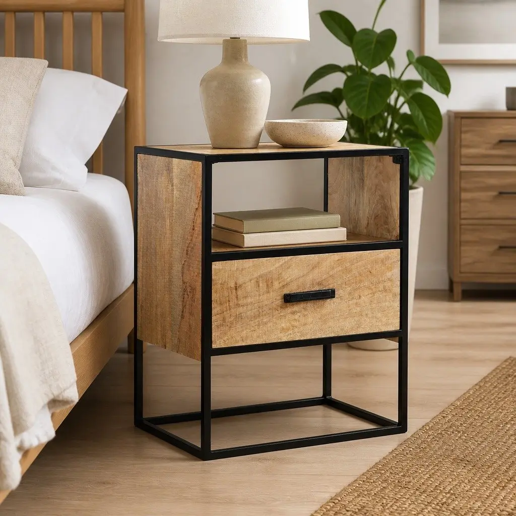 Bedside Table Solid Mango Wood 40x30x50cm with Steel Legs Brown