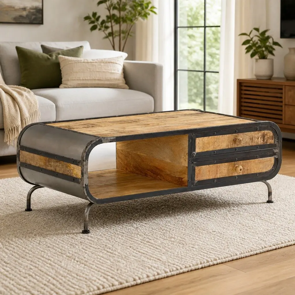 Coffee Table Antique Style Solid Mango Wood 100cm x 50cm x 35cm Brown with Storage Drawers