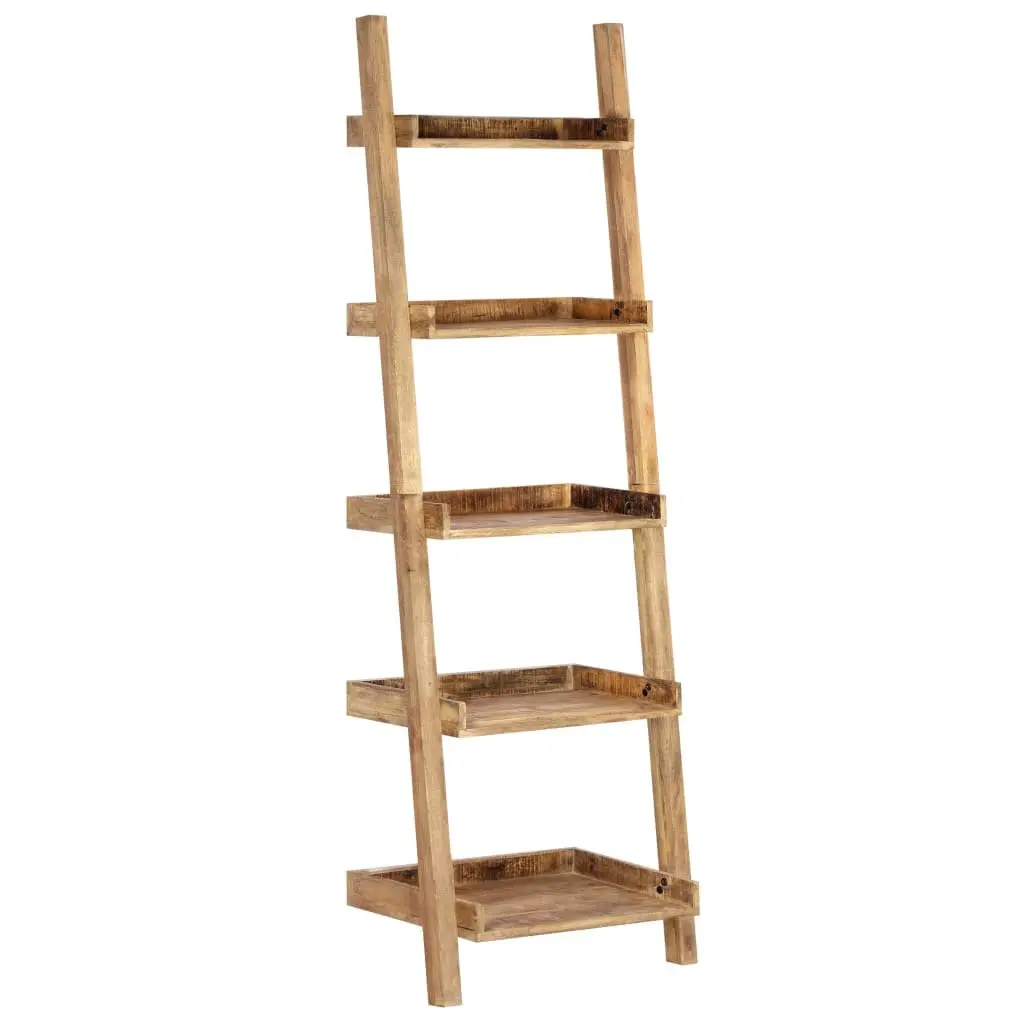 Ladder Shelf Solid Mango Wood 5-Tier Brown Standing Bookcase Storage Shelving Display Rack
