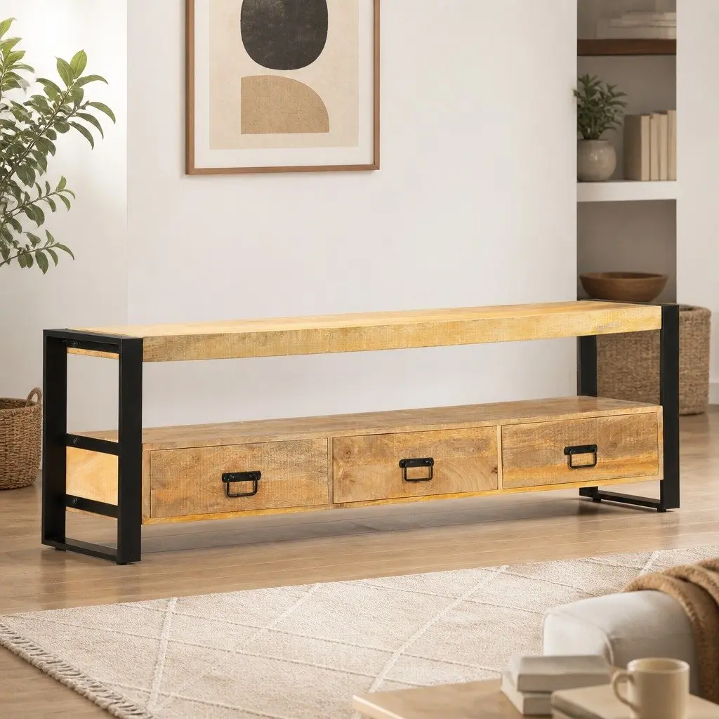 Mango Wood TV Cabinet Rustic Lowboard Storage Unit 150x30x45 cm with 3 Drawers and Compartment Brown
