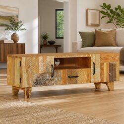 TV Cabinet 120x30x40 cm Solid Reclaimed Wood Hand Carved Doors Drawer Storage