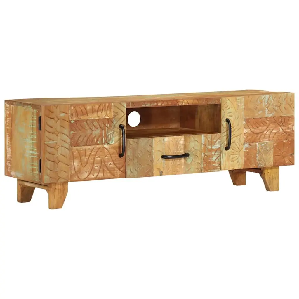TV Cabinet 120x30x40 cm Solid Reclaimed Wood Hand Carved Doors Drawer Storage