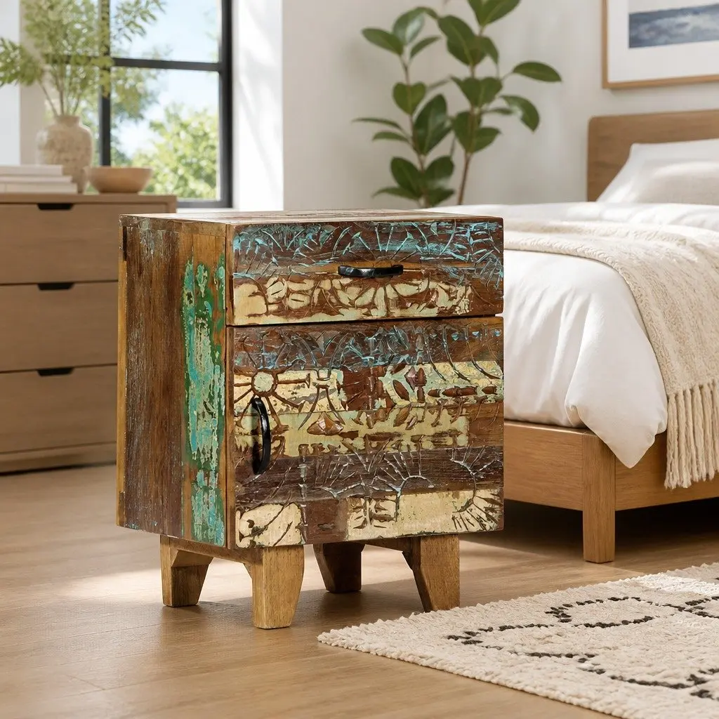 Reclaimed Wood Bedside Cabinet Hand Carved Multicolour Nightstand with Drawer and Door 40cm Width 30cm Depth 50cm Height