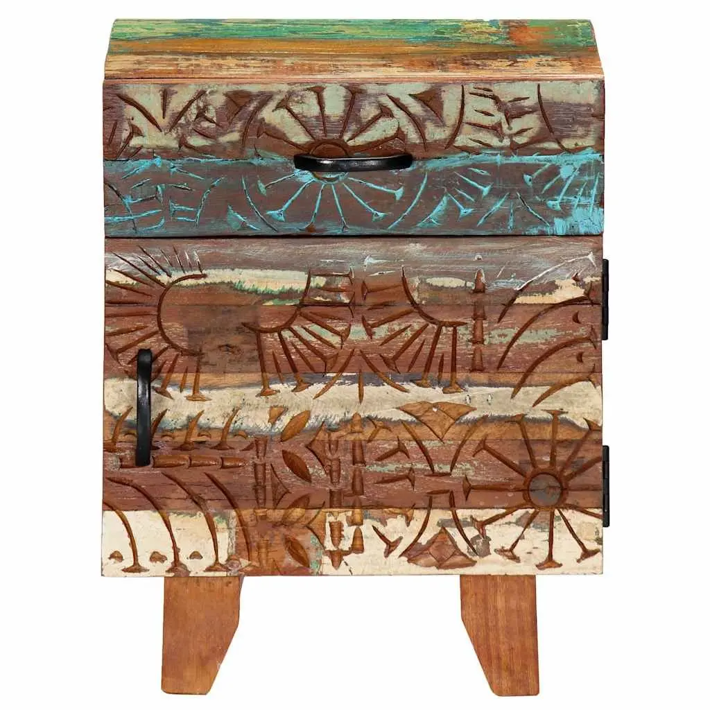 Reclaimed Wood Bedside Cabinet Hand Carved Multicolour Nightstand with Drawer and Door 40cm Width 30cm Depth 50cm Height