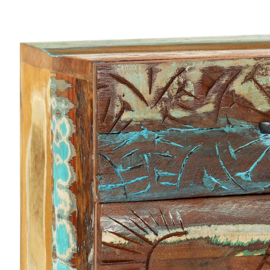 Reclaimed Wood Bedside Cabinet Hand Carved Multicolour Nightstand with Drawer and Door 40cm Width 30cm Depth 50cm Height