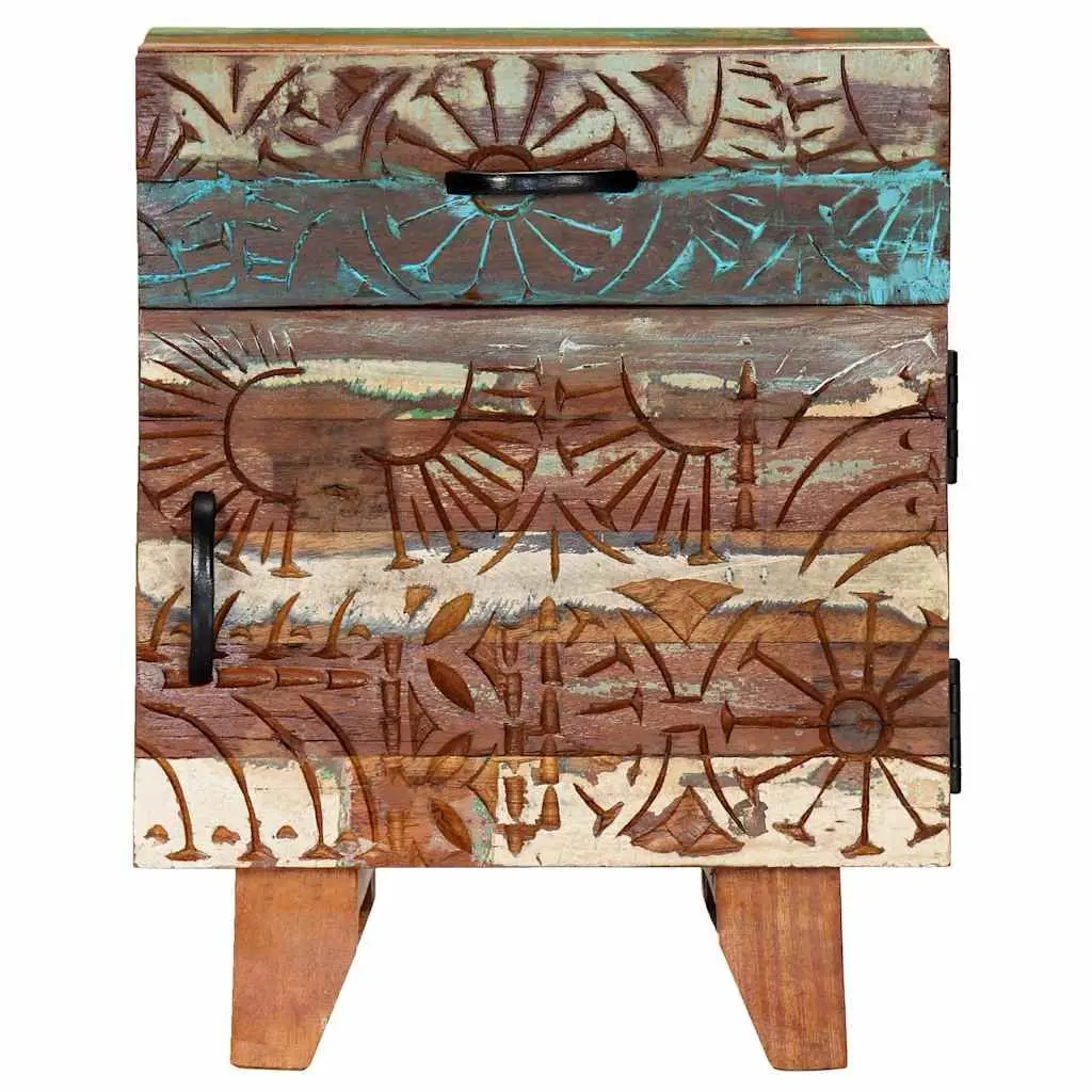 Reclaimed Wood Bedside Cabinet Hand Carved Multicolour Nightstand with Drawer and Door 40cm Width 30cm Depth 50cm Height
