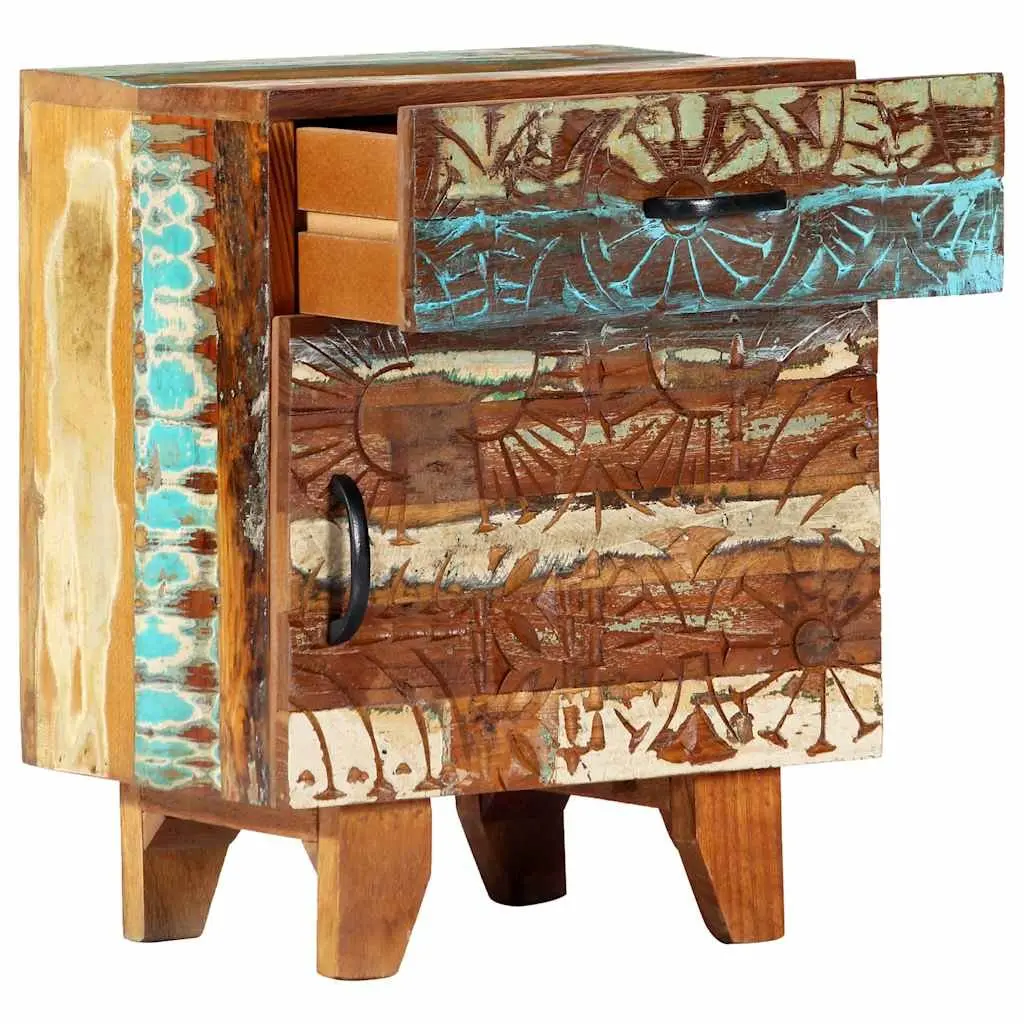 Reclaimed Wood Bedside Cabinet Hand Carved Multicolour Nightstand with Drawer and Door 40cm Width 30cm Depth 50cm Height