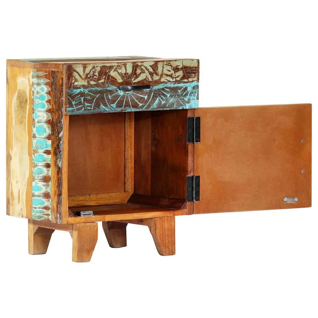 Reclaimed Wood Bedside Cabinet Hand Carved Multicolour Nightstand with Drawer and Door 40cm Width 30cm Depth 50cm Height